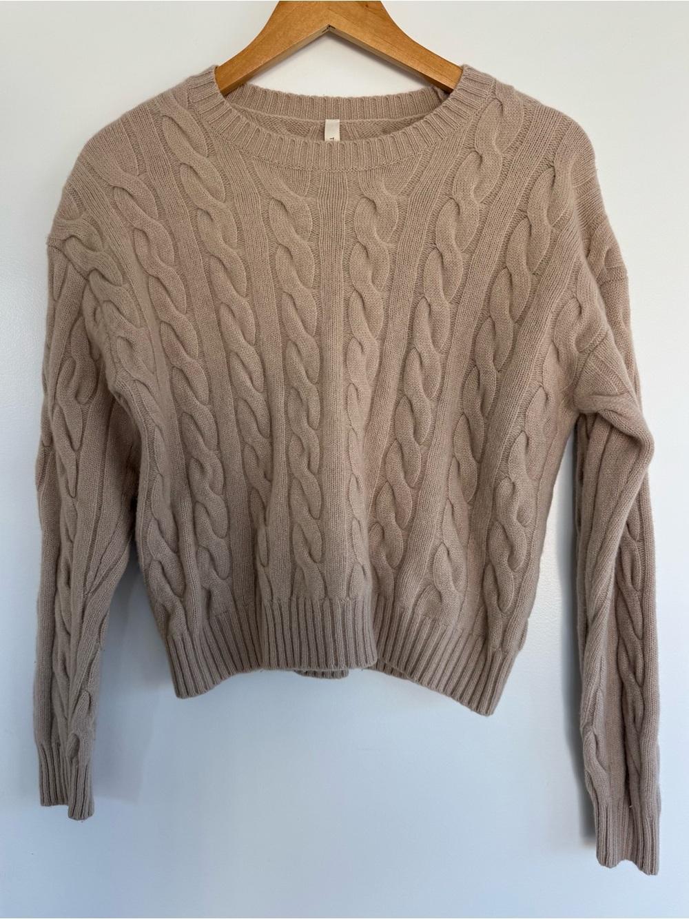 Aritzia Babaton Cable Knit Merino Wool Crewneck Sweater in Taupe Beige